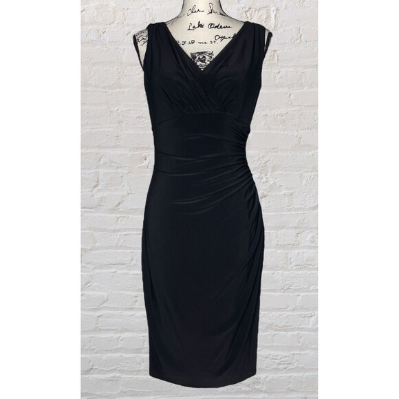 Ralph Lauren LRL Ruched Knee Length Dress Womens 6 Black Surplice Neckline - Picture 2 of 9